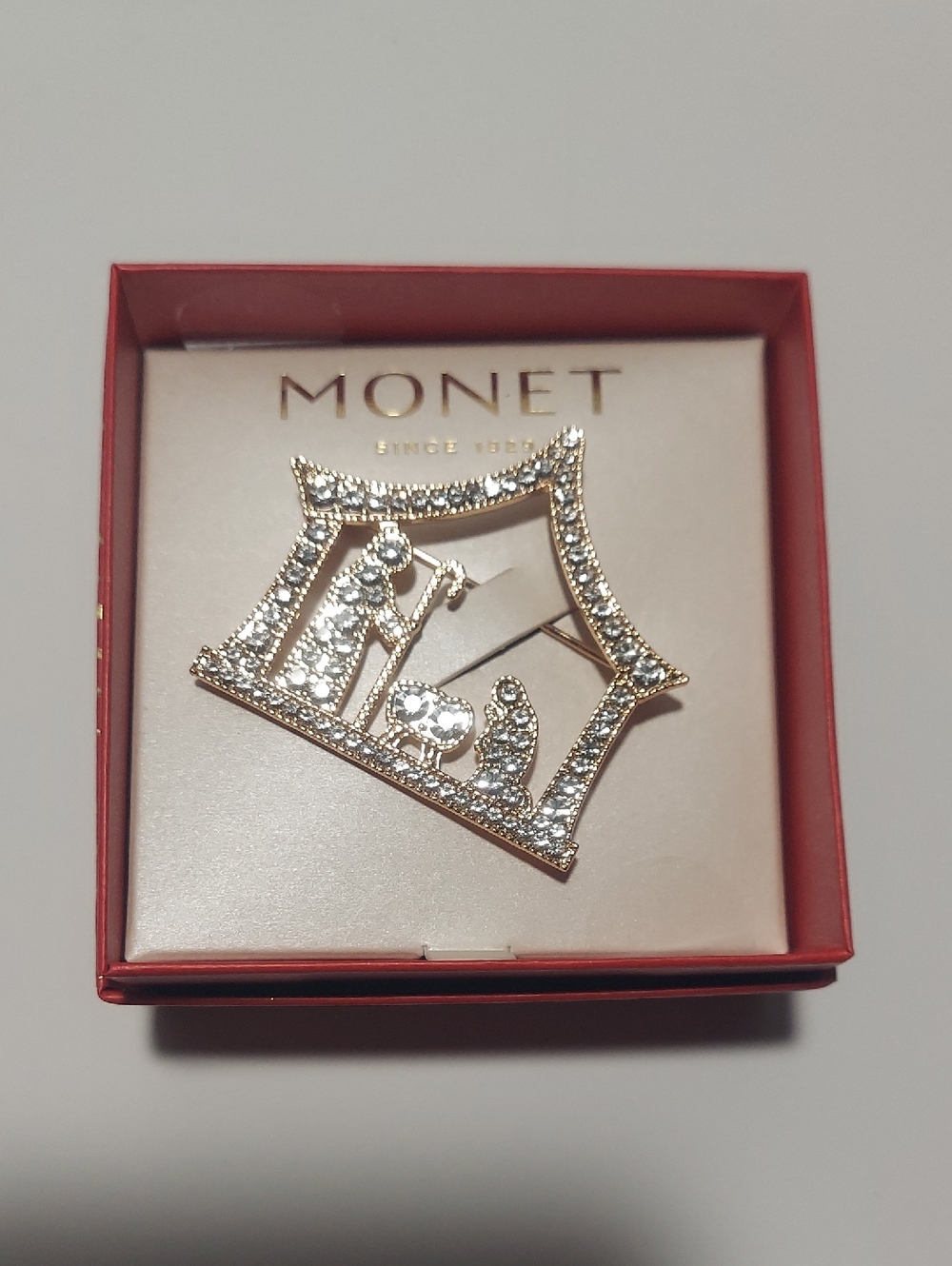 Monet Gold-Tone Crystal  Christmas Manger Brooch